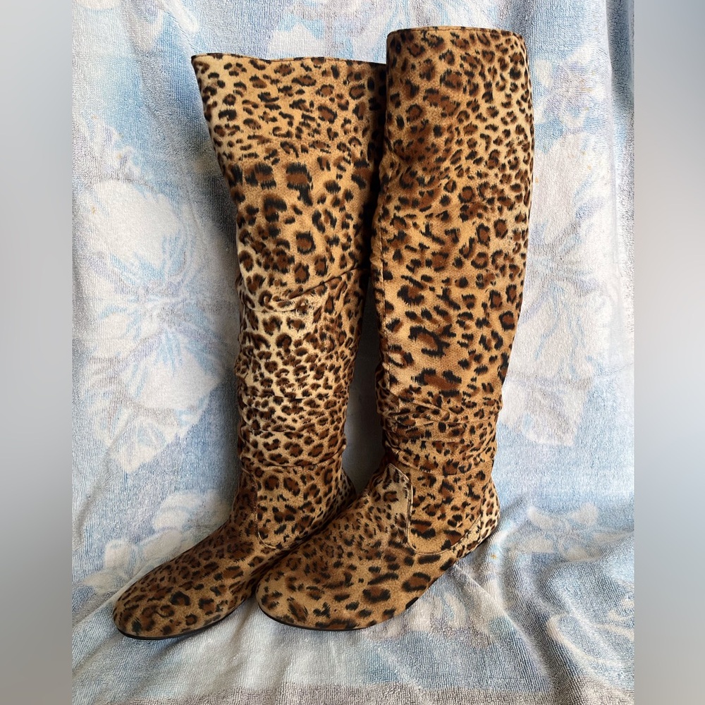 Knee-High, 18” Leopard Print Boots w/No Heel